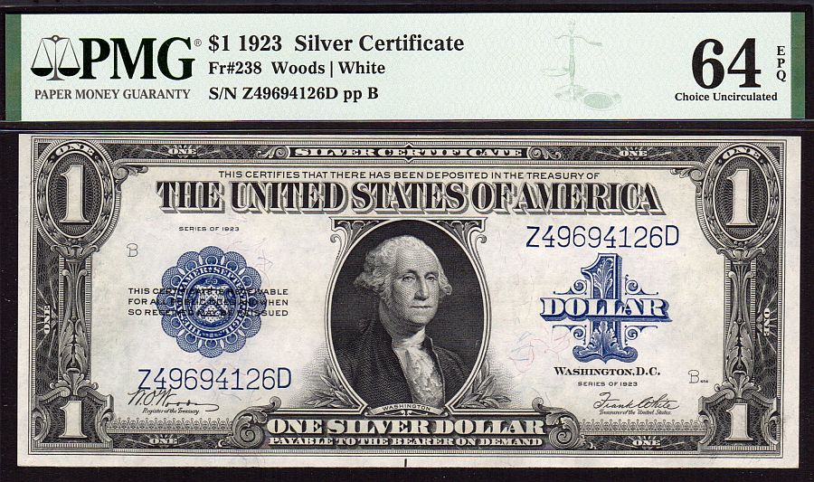 Fr.238, 1923 $1 Silver Certificate, Very Choice CU, PMG64-EPQ, Z49694126D